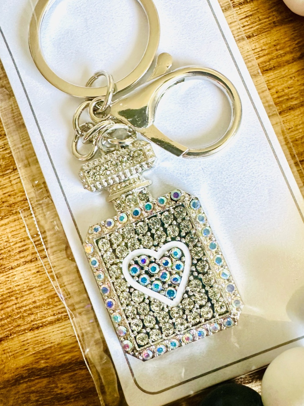 NWT Silver Bag Charm Keychain Crystal Perfume Bottle w/ White Enameled Heart